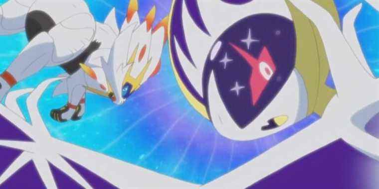 Lunala and Solgaleo looking back in the Pokemon anime