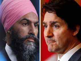 Le chef du NPD Jagmeet Singh, à gauche, et le premier ministre Justin Trudeau ont conclu un accord pour maintenir les libéraux au pouvoir jusqu'en 2025.