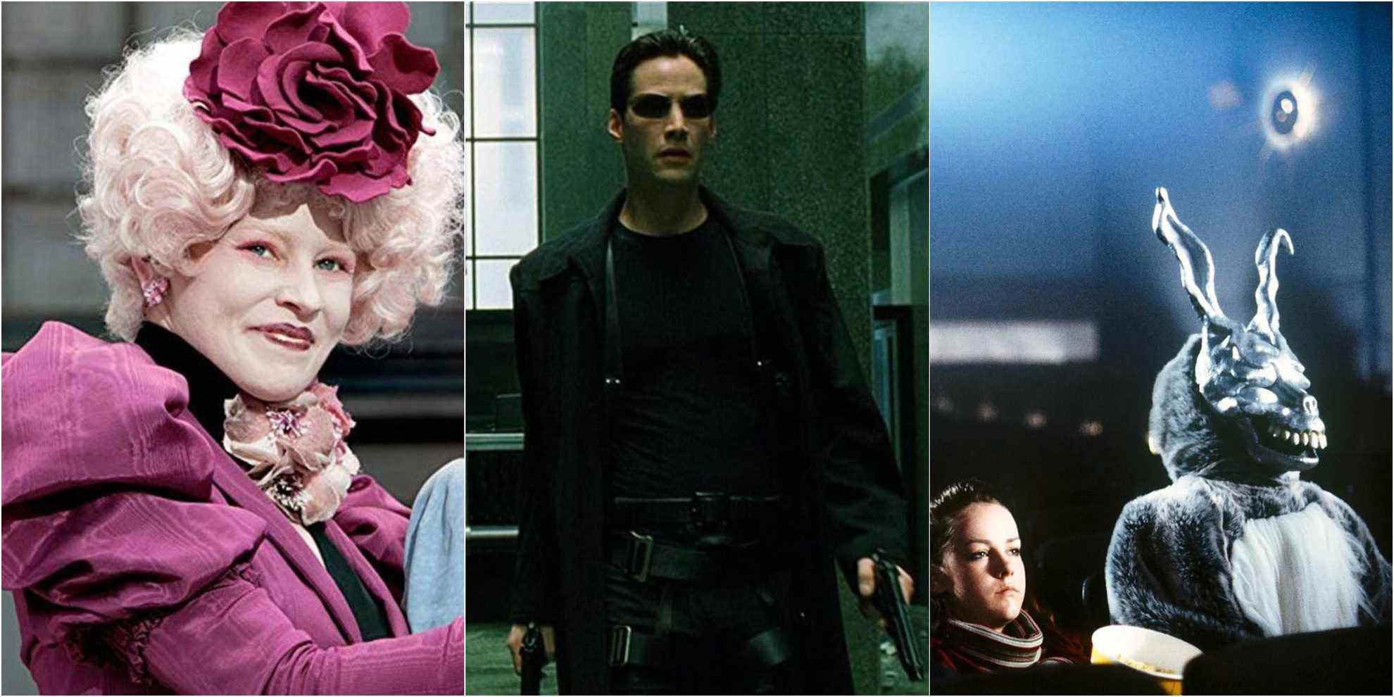 Split image of Donnie Darko rabbit, Neo from the Matrix, Effie from Hunger Games