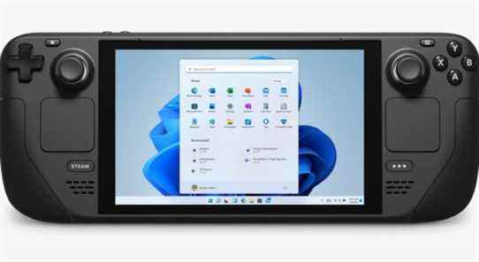 Photo of a Steam Deck with a Windows interface on the screen.