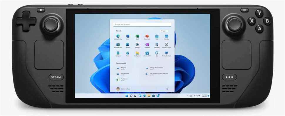 Photo of a Steam Deck with a Windows interface on the screen.