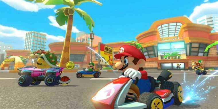 Coconut Mall in Mario Kart 8 Deluxe with Bowser, Luigi, Mario, and Donkey Kong racing