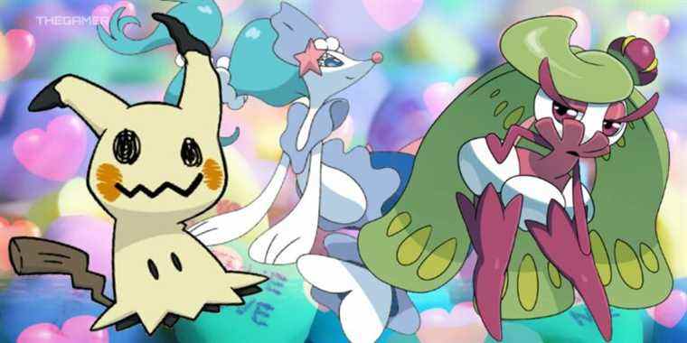 Mimikyu, Primarina, and Tsareena with love hearts