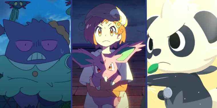 Poketoons: Gengar Running Wearing A Dress, Tsubomi Holding Nidoran, And Pancham Training