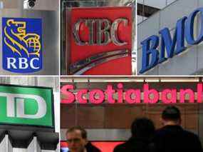 PHOTO DE FICHIER: Une photo combinée montre les banques d'investissement canadiennes RBC CIBC BMO TD et la Banque Scotia à Toronto