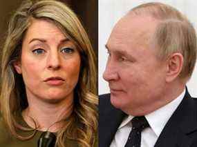 Tout en discutant de l'invasion de l'Ukraine par le président russe Vladimir Poutine, à droite, la ministre canadienne des Affaires étrangères, Mélanie Joly, a déclaré que même si le Canada n'est pas une puissance militaire, il a 