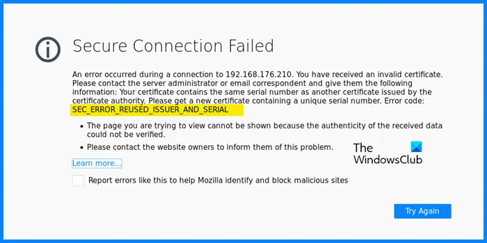 Avertissement SEC_ERROR_REUSED_ISSUER_AND_SERIAL