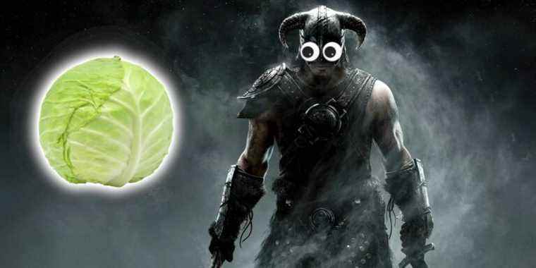 Image from Skyrim showing the Dragonborn staring intently at a large head of cabbage.