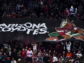 Les fans tiennent une bannière des Coyotes de l'Arizona dans les gradins lors d'un match de la LNH au Gila River Arena de Glendale, en Arizona.