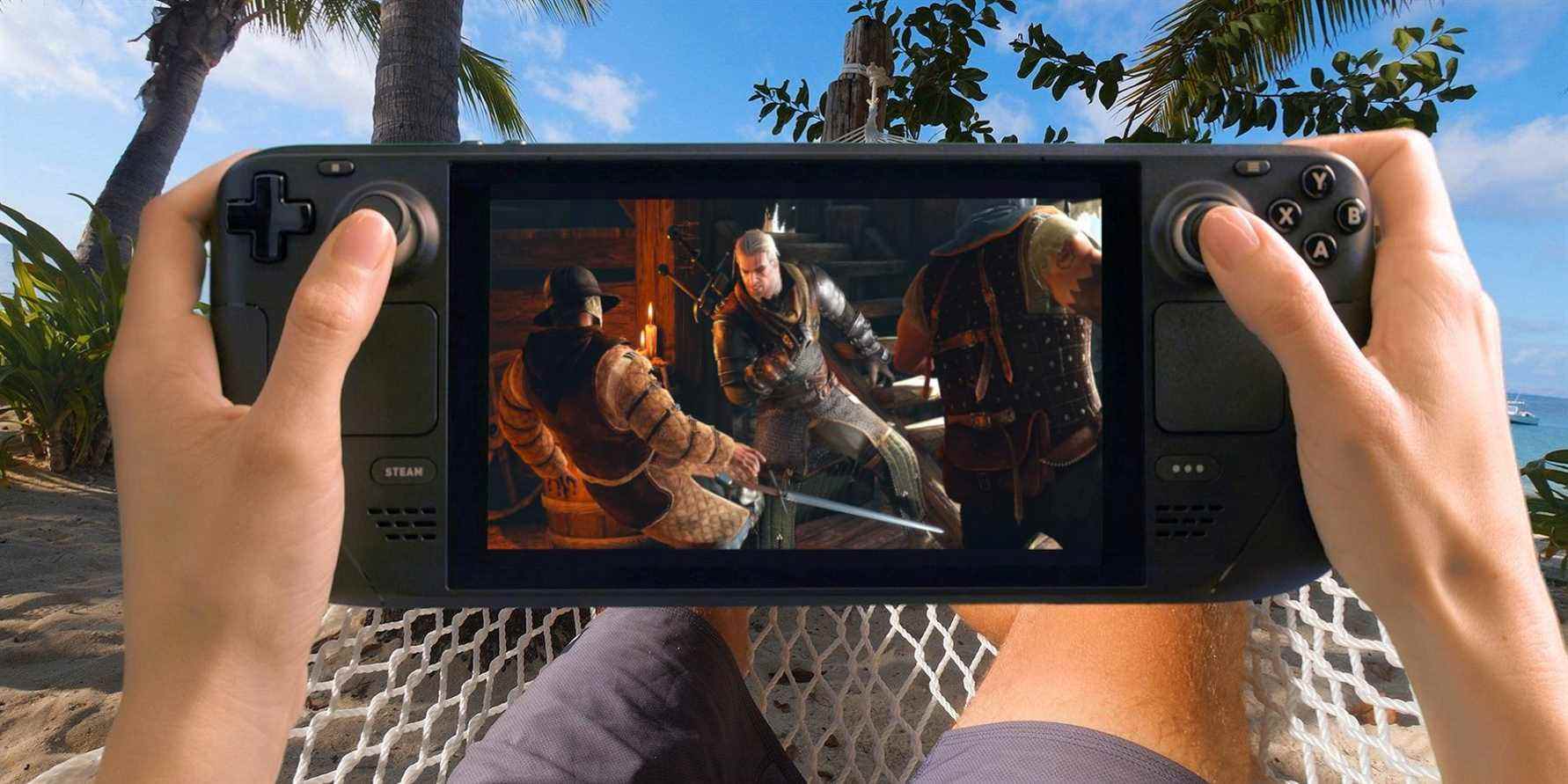 A photo of someone holding a Steam Deck in their hand with a screenshot from The Witcher 3 on the screen.