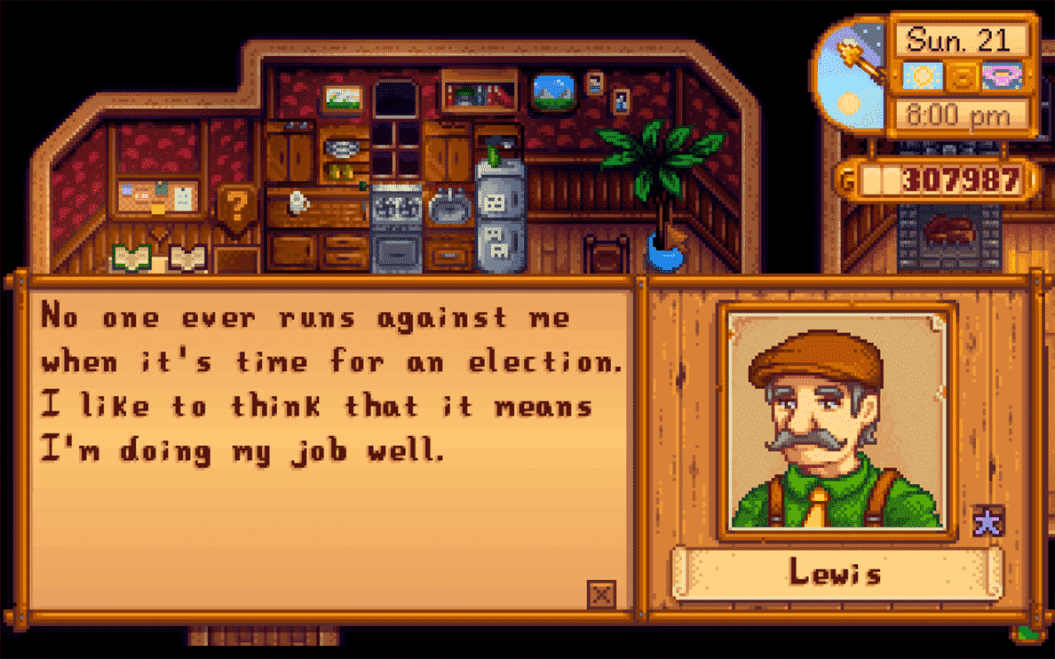 Une capture d'écran du maire de Stardew Valley, Lewis, parle de courir sans contestation pendant des années.