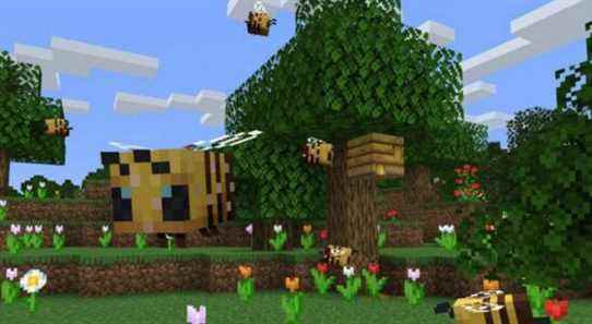 A screenshot from Minecraft showing some bees flying about outside.