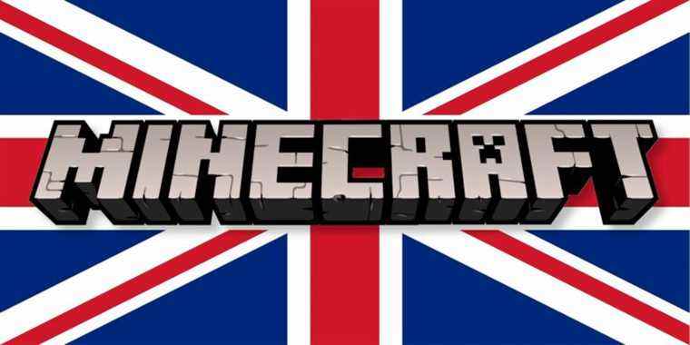 The Minecraft logo with the Union Jack flag behind it.