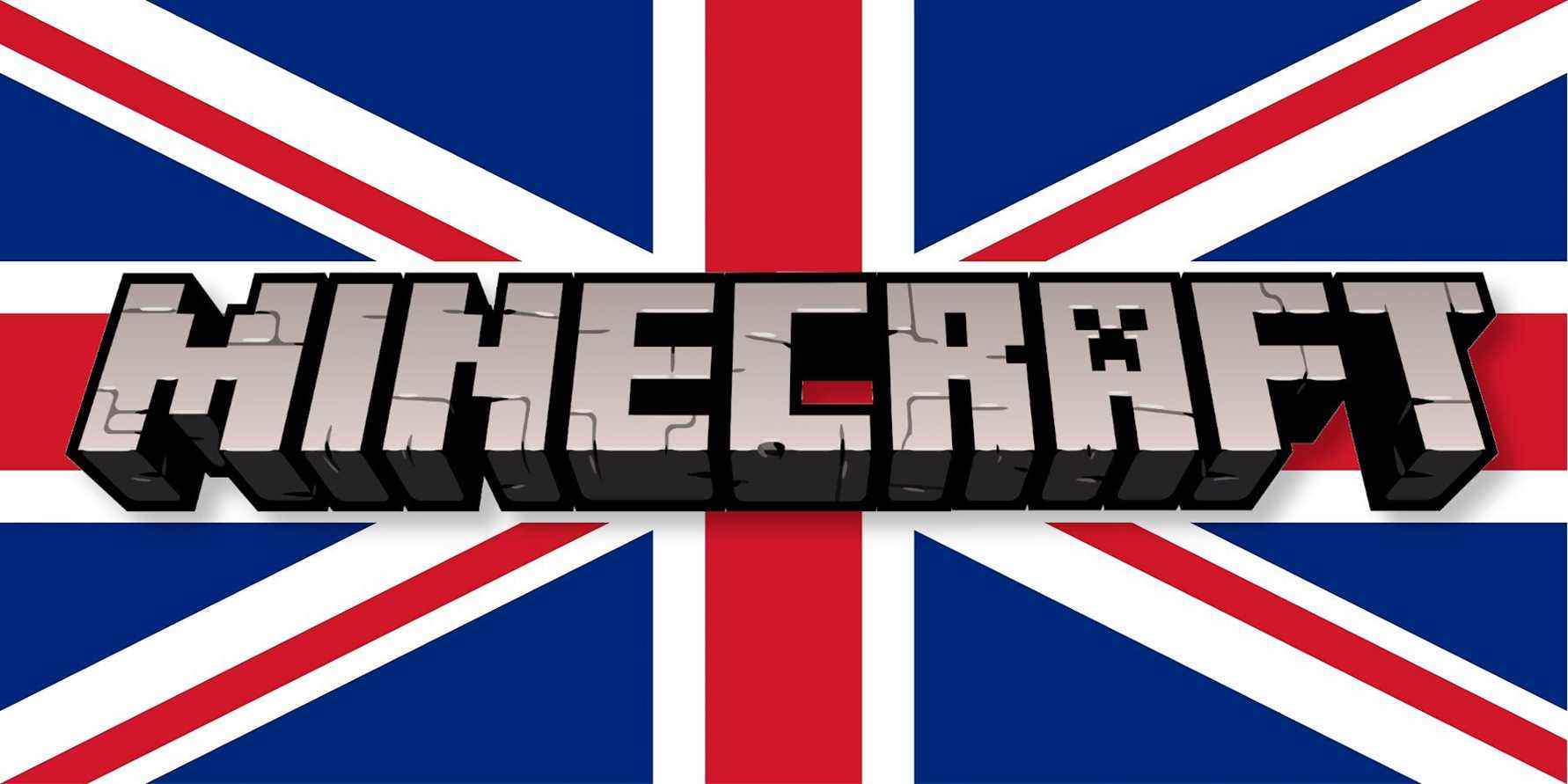 The Minecraft logo with the Union Jack flag behind it.