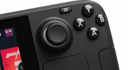 Close up photo of the Valve Steam Deck showing the right-hand buttons and right analog stick.