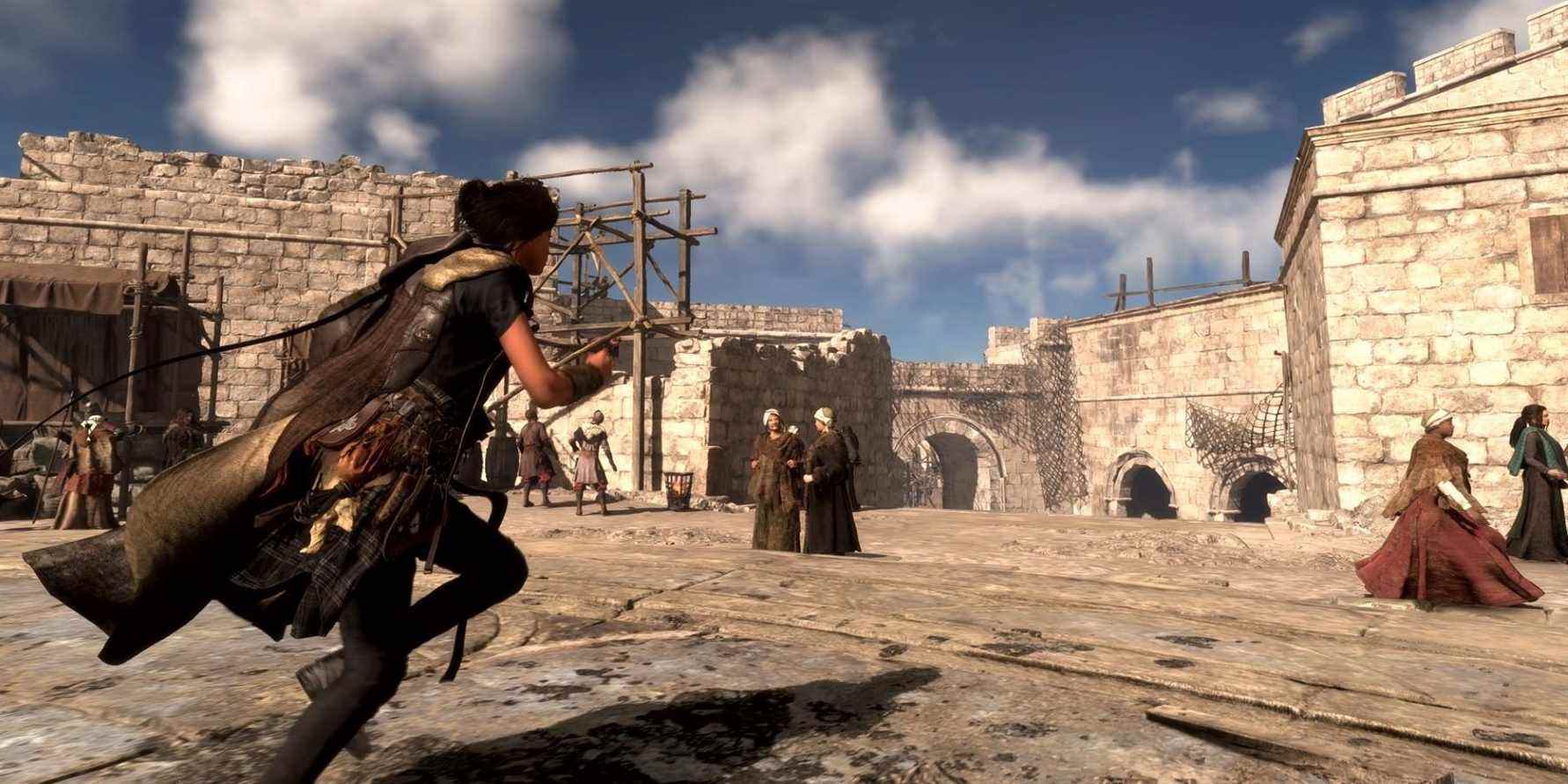 Forspoken's Frey Holland running through a town in Athia