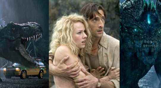 The T-Rex in the infamous scene from Jurassic Park; Adrien Brody and Naomi Watts embracing in King Kong (2005); a kaiju from Pacific Rim coming out of the water