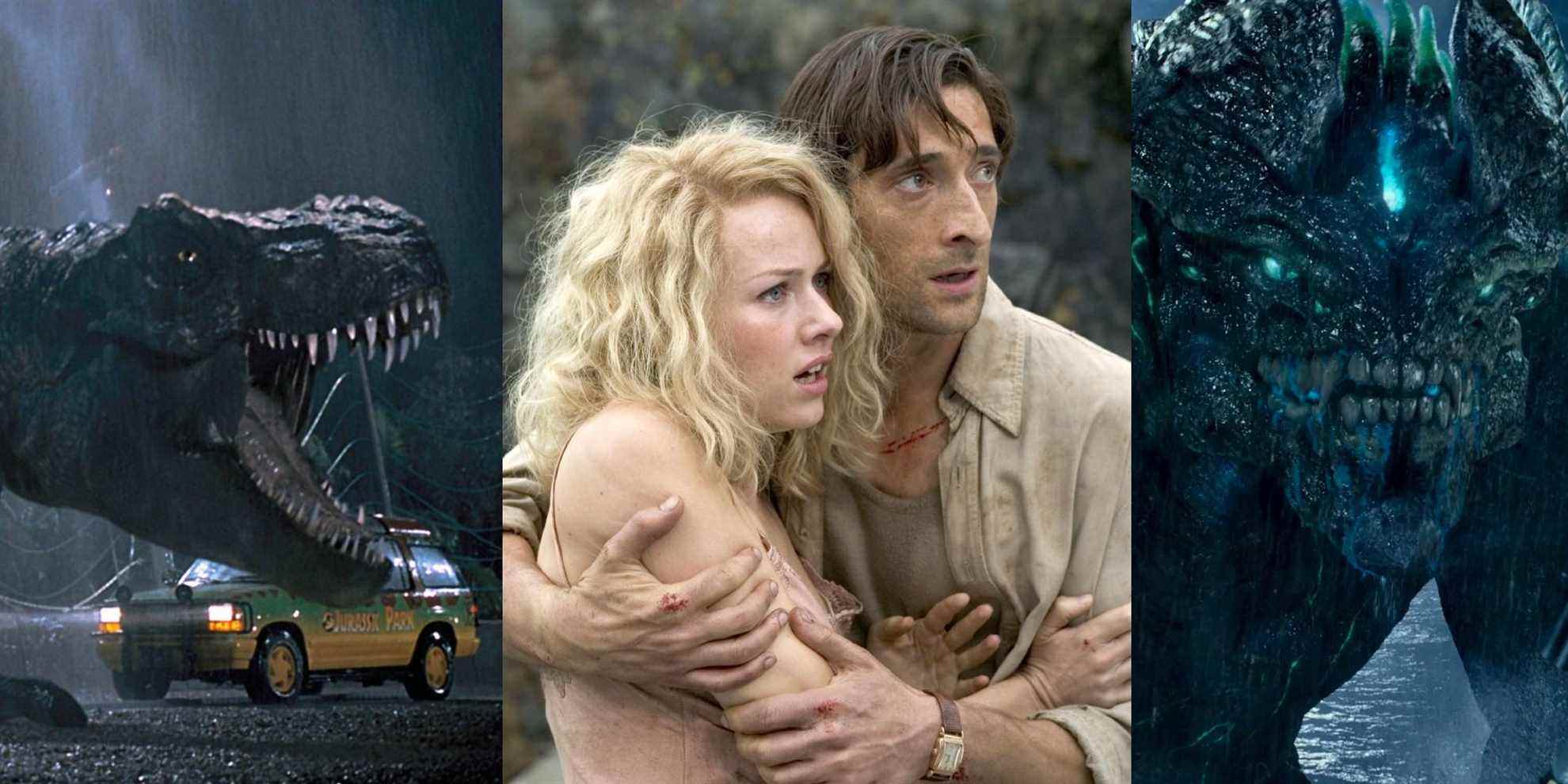 The T-Rex in the infamous scene from Jurassic Park; Adrien Brody and Naomi Watts embracing in King Kong (2005); a kaiju from Pacific Rim coming out of the water