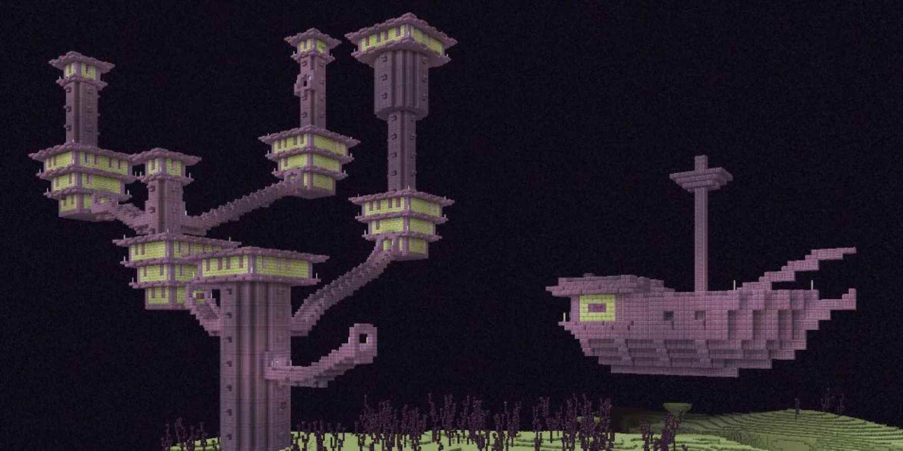 An End City in Minecraft with a ship