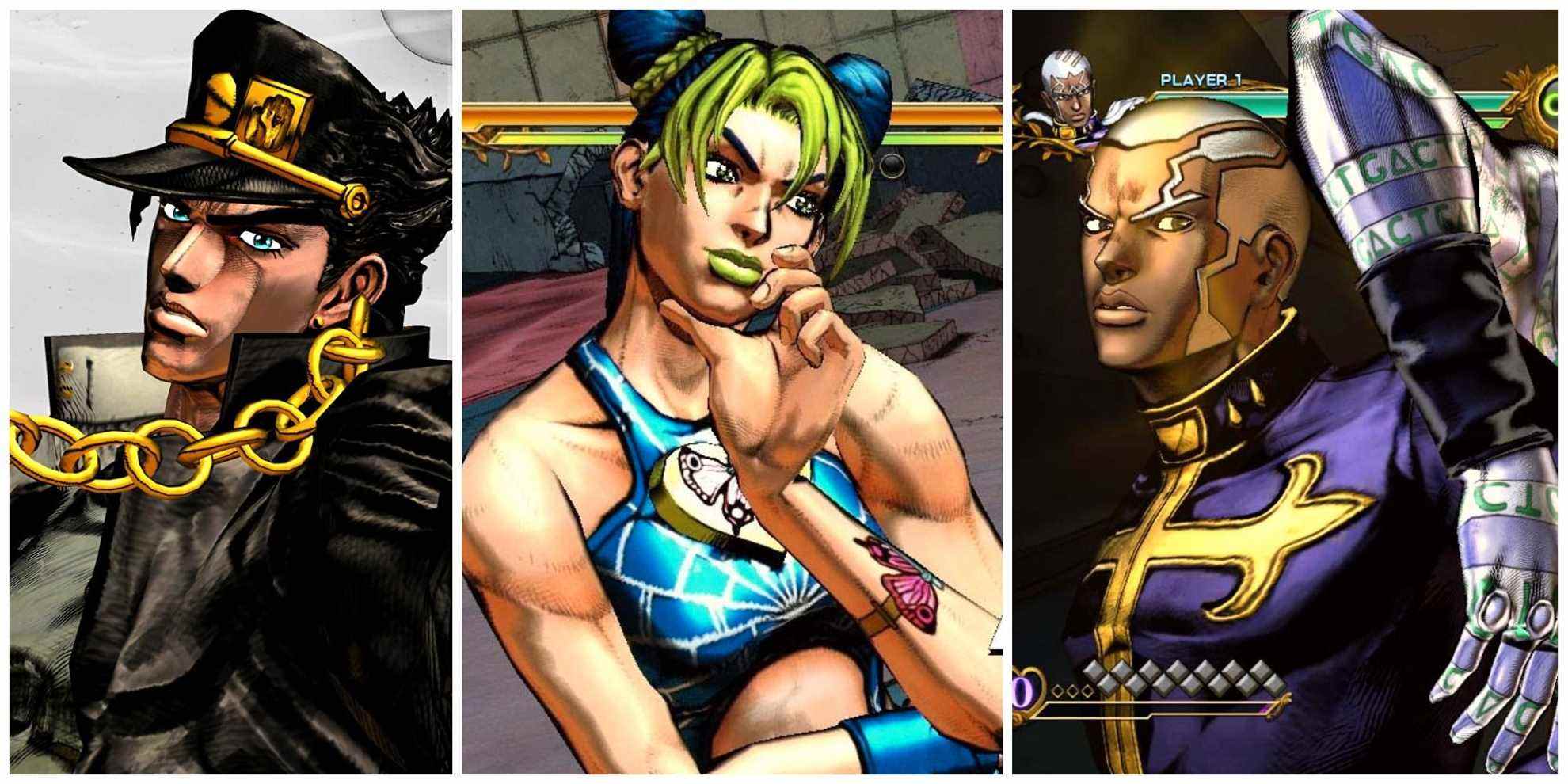 From JoJo's Bizarre Adventure: Split image of close-up views of Jotaro Kujo, Jolyne Kujo, and Enrico Pucci