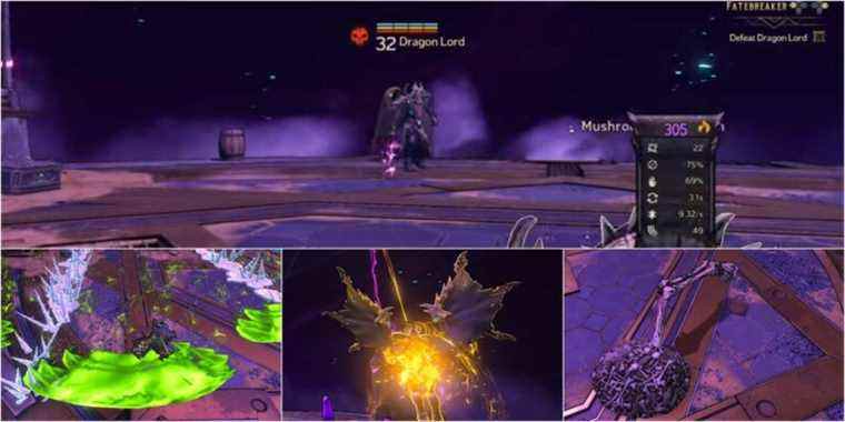 Showcase of various attacks that The Dragon Lord has during his boss fight in Tiny Tina's Wonderlands.