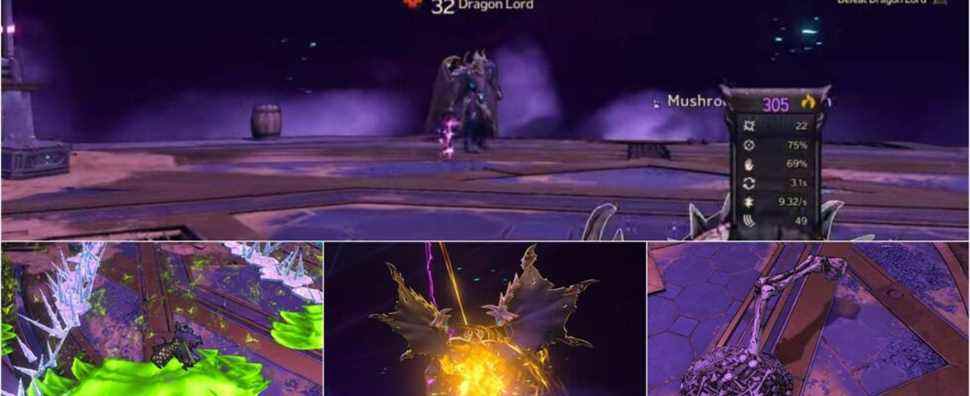 Showcase of various attacks that The Dragon Lord has during his boss fight in Tiny Tina's Wonderlands.