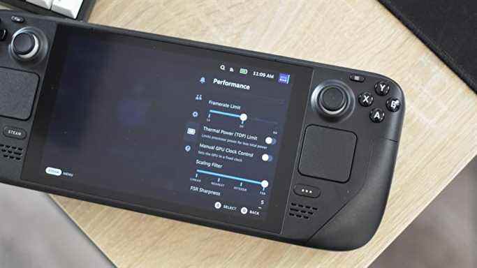 Un Steam Deck montrant son menu de paramètres de performance.