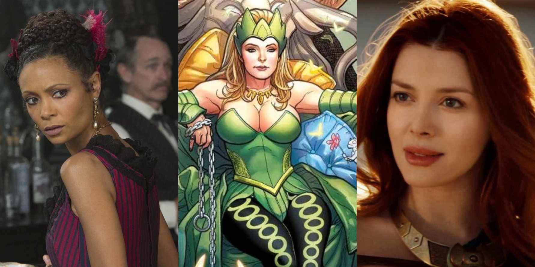 A split image features Thadiwe Newton in Westworld, Enchantress in Marvel comics, and Elena Satine in Agents Of SHIELD