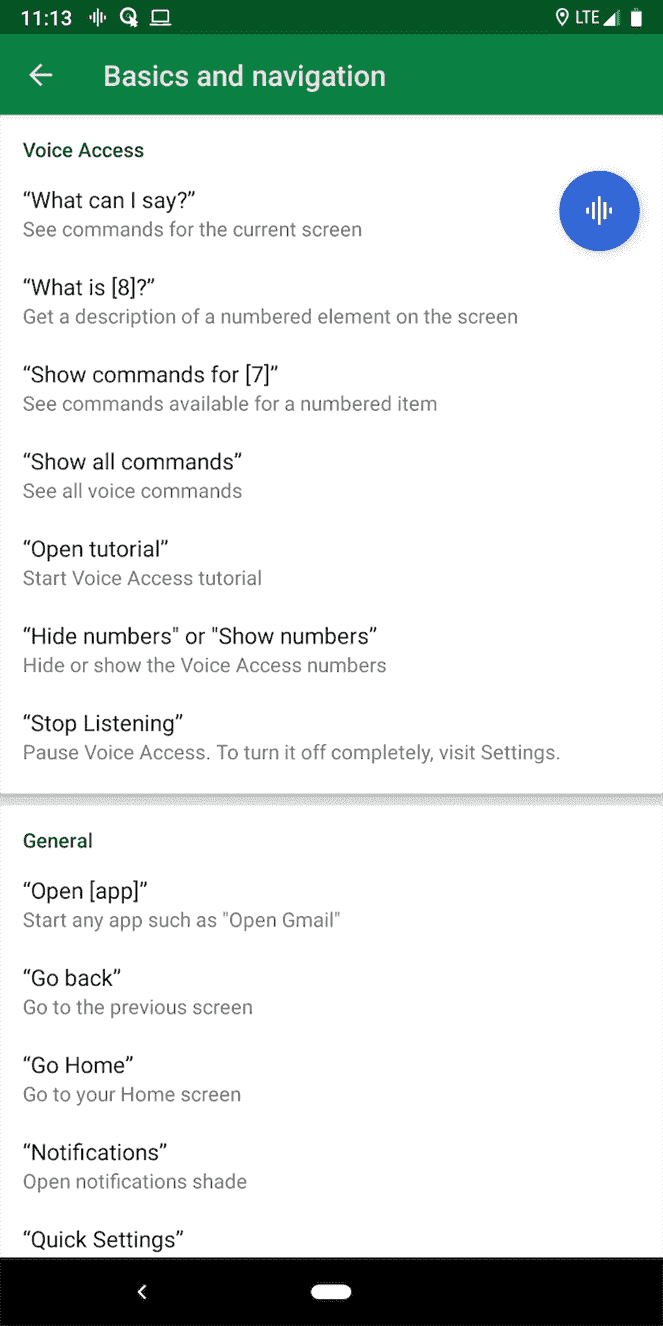 Options Android d'accès vocal