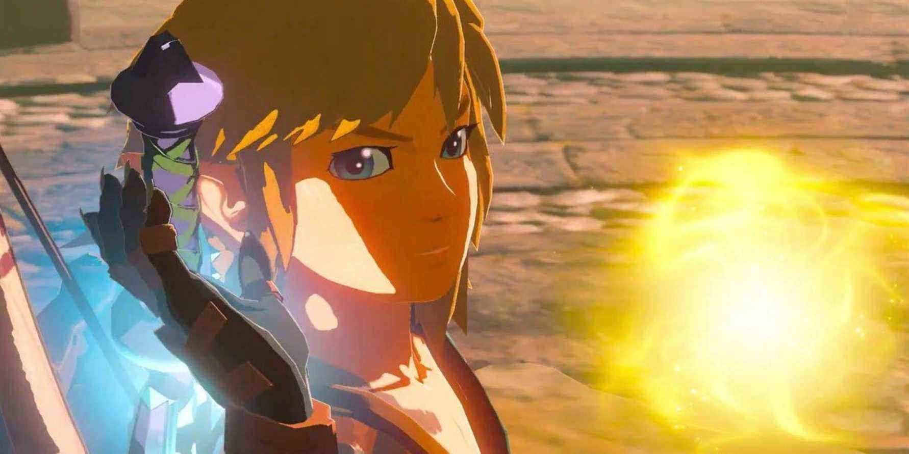 Link se prépare à dégainer l'épée maîtresse endommagée dans une cinématique de The Legend of Zelda: Breath of the Wild 2