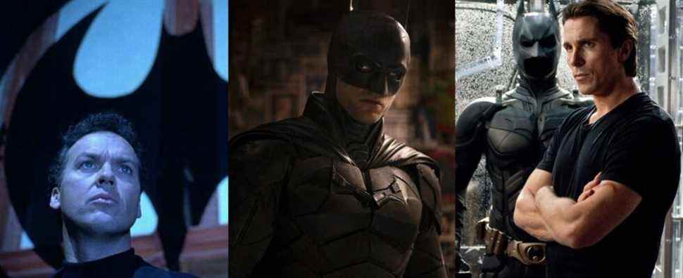 Split image of Michael Keaton in Batman Returns, Robert Pattinson in The Batman, and Christian Bale in The Dark Knight Rises