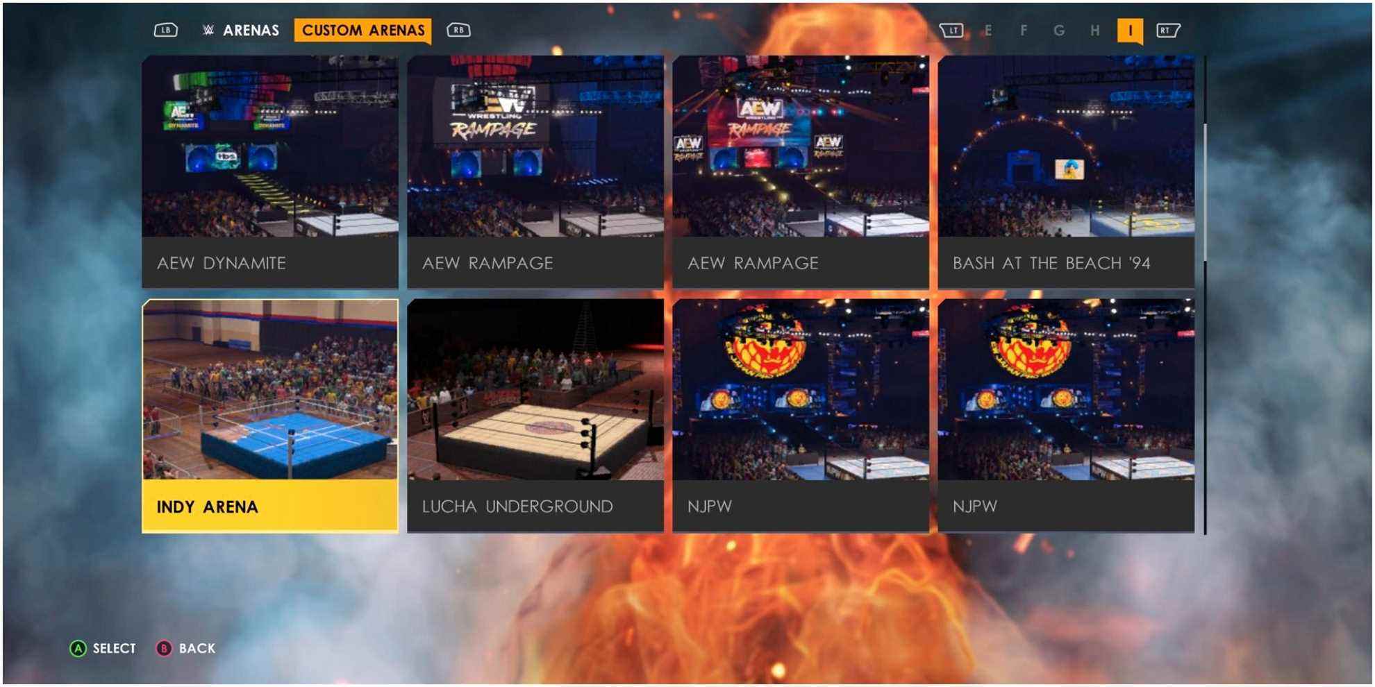 Menu des arènes personnalisées WWE 2K22