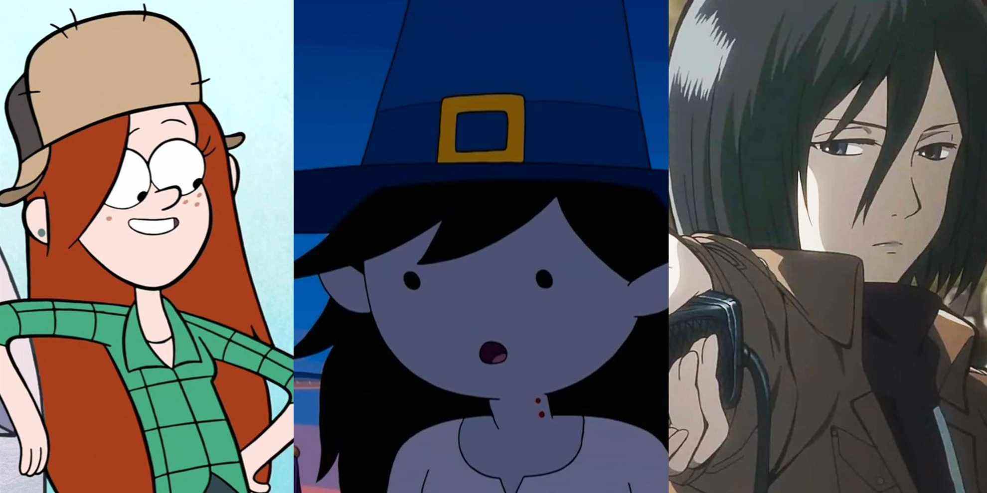 Wendy leaning against a jukebox; Marceline wearing a witch hat; Mikasa holding her sword out