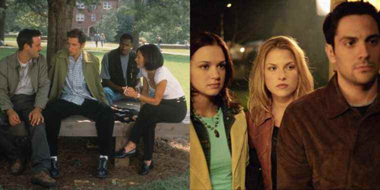 Split image of Dewey, Randy, and Gale in Scream 2 and Kimberly, Clear, and Thomas in Final Destination 2