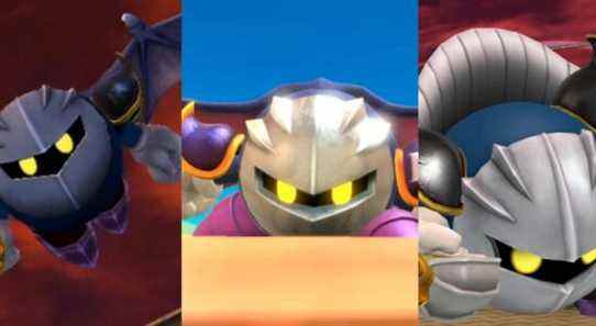 Meta Knight in a trailer for Smash Bros Brawl; Meta Knight as a boss in Kirby and the Forgotten Land; Meta Knight in a still from SSB for Wii U