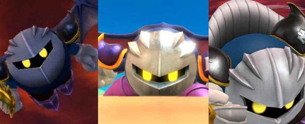 Meta Knight in a trailer for Smash Bros Brawl; Meta Knight as a boss in Kirby and the Forgotten Land; Meta Knight in a still from SSB for Wii U