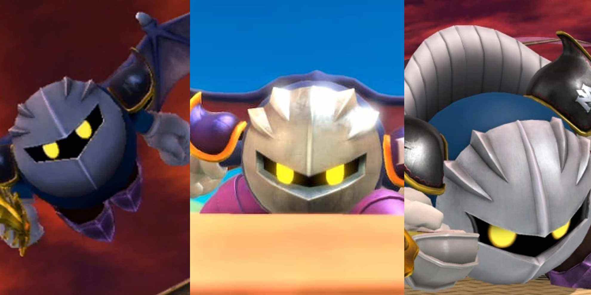 Meta Knight in a trailer for Smash Bros Brawl; Meta Knight as a boss in Kirby and the Forgotten Land; Meta Knight in a still from SSB for Wii U