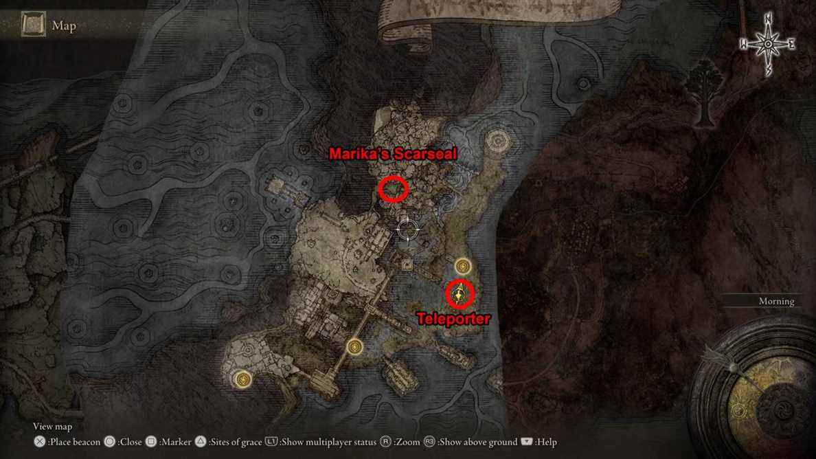 La carte d'Elden Ring, montrant l'emplacement du Scarseal de Marika. 