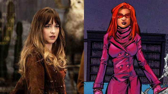 Image fractionnée montrant Dakota Johnson et Madame Web.