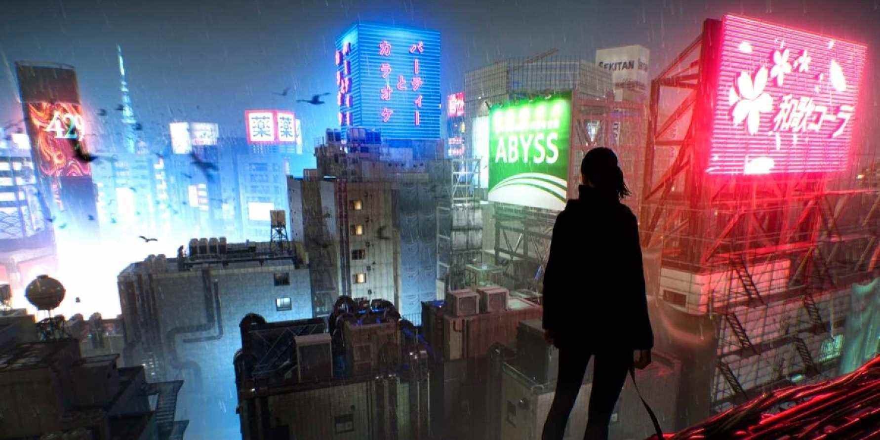 silhouette overlooking the city in Ghostwire: Tokyo