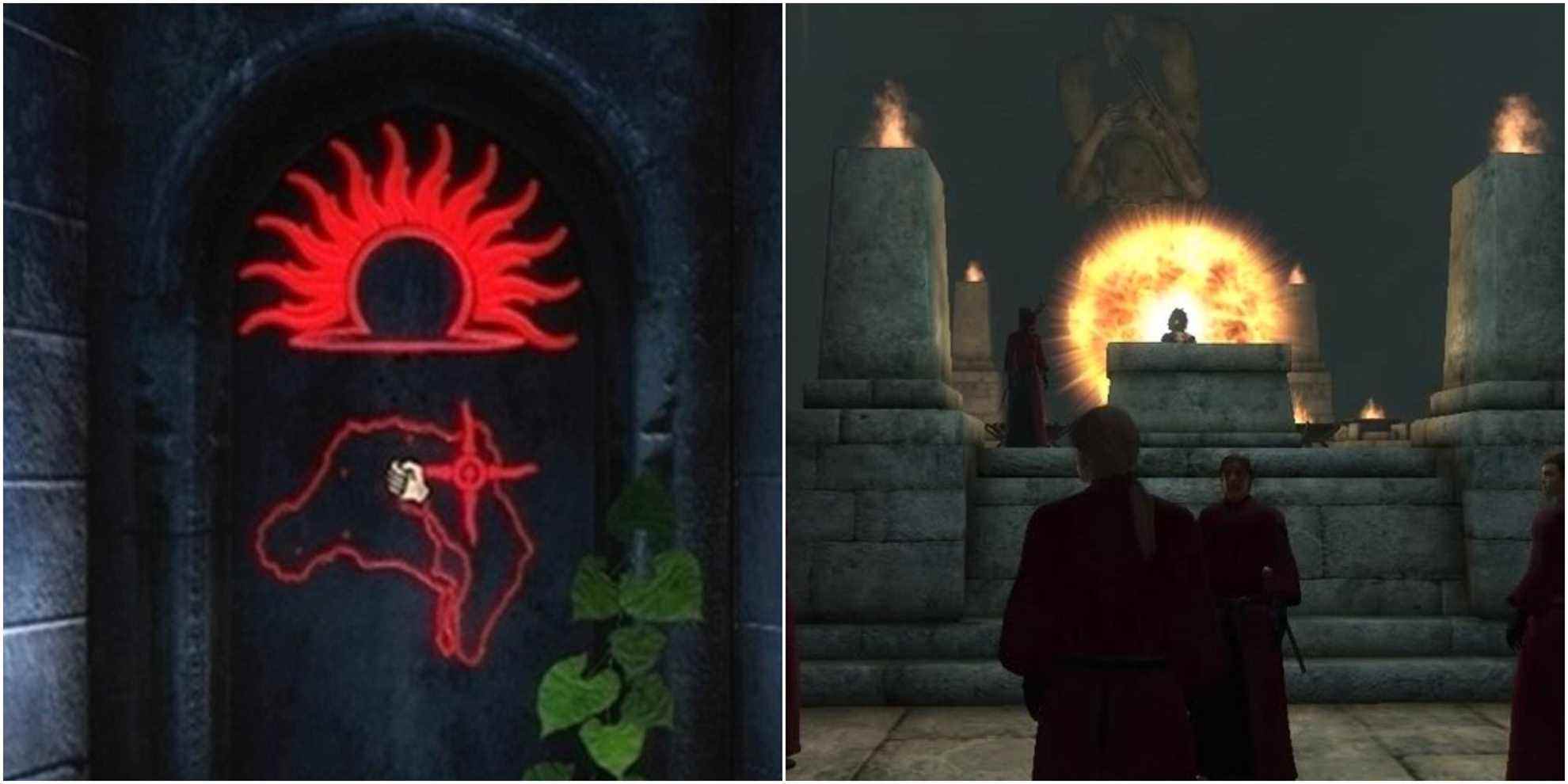 A symbol on a tomb door (left) that reveals the location of the Mythic Dawn's hideout (right)