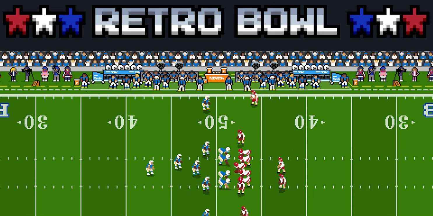 Une carte de titre et un jeu actif se déroulant dans le Retro Bowl