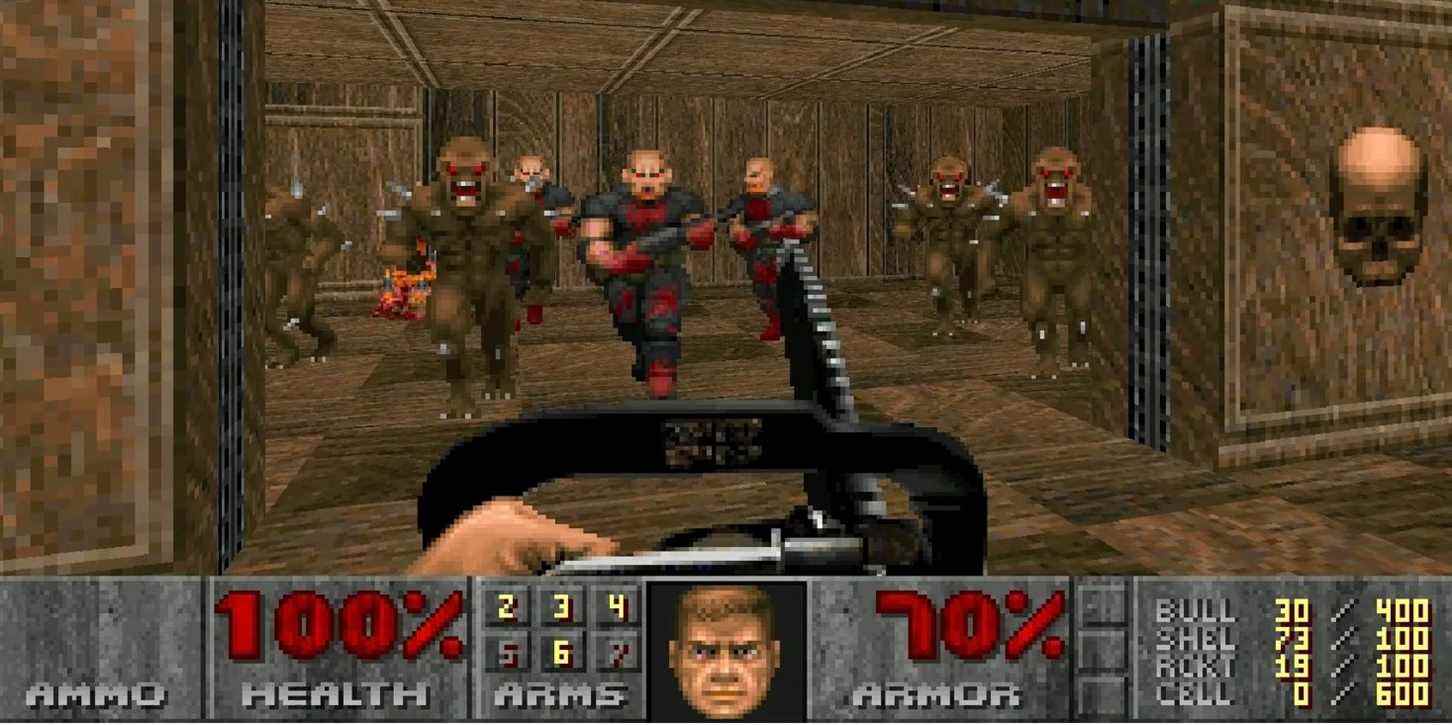 Une pièce remplie d'ennemis dans Doom (1993)