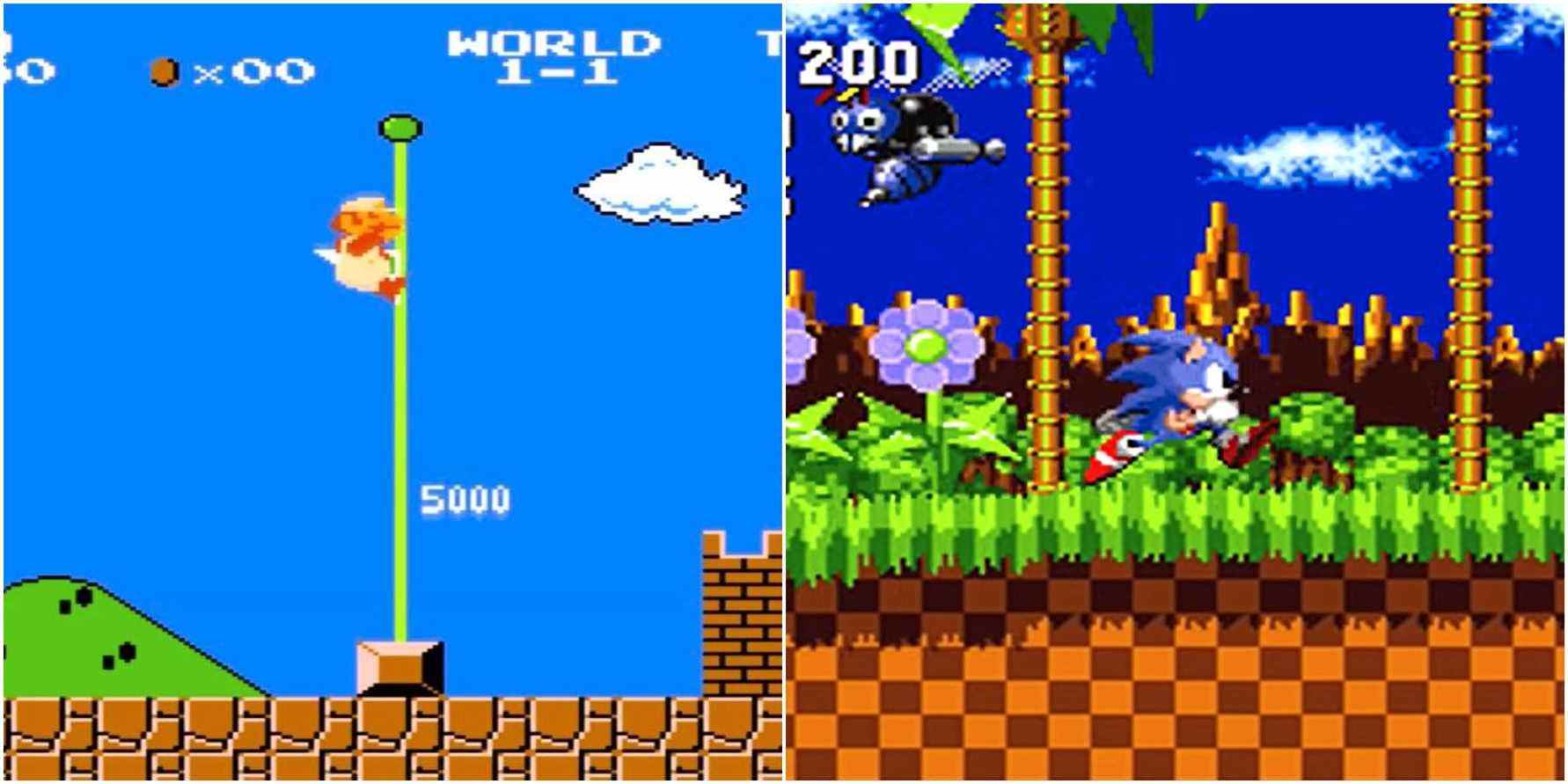 (Left) Mario on a flag (Right) Sonic running