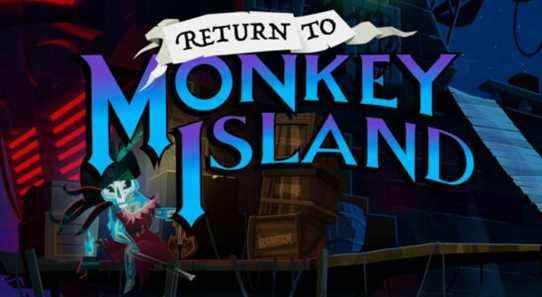 return to monkey island logo with a skeleton playing the fiddle