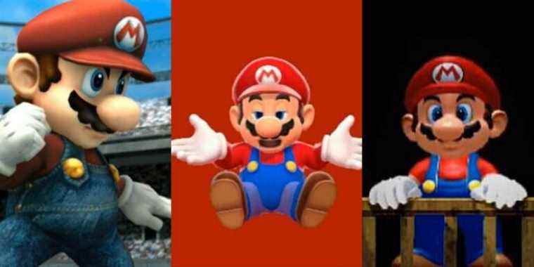 Mario striking a power pose in The Subspace Emissary; Mario on a game over screen in 3D World; Mario standing court in Sunshine