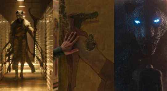 A split image features Khonshu, a painting of Ammit, and Bast in the MCU