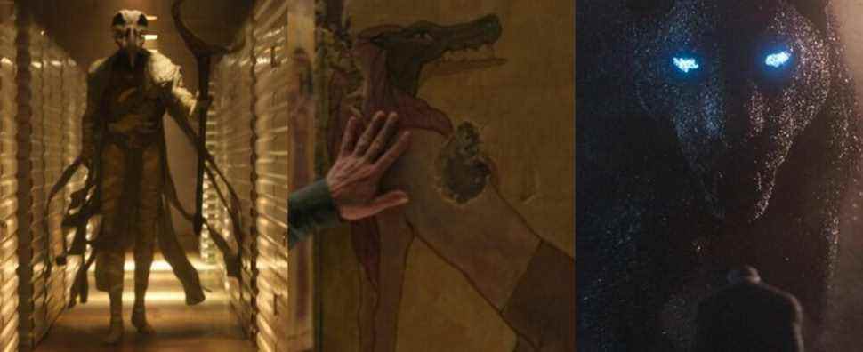 A split image features Khonshu, a painting of Ammit, and Bast in the MCU