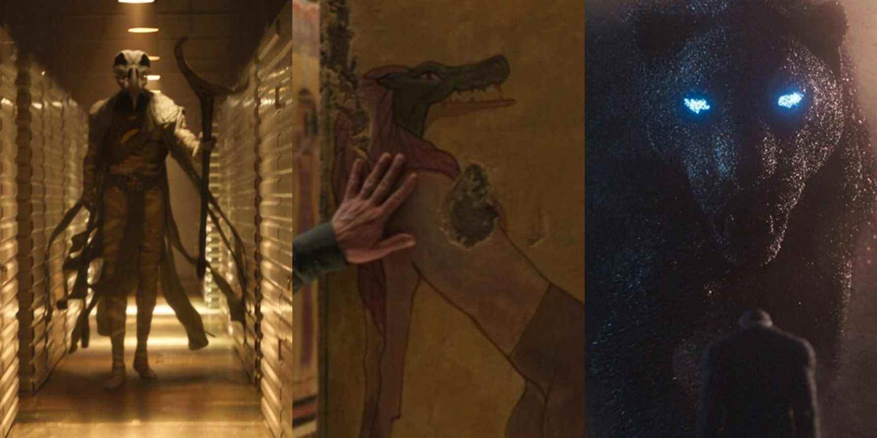 Une image divisée présente Khonshu, une peinture d'Ammit et Bast dans le MCU