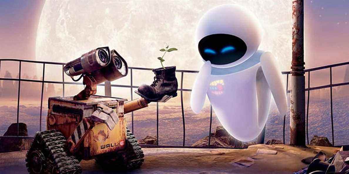 Personnages principaux de Wall-E avec plante en pot